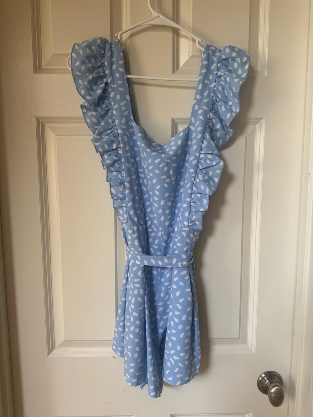 Double Crazy Light Blue Ruffle Romper with White Dot Print